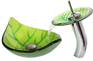 HomeLava Mini Waschbecken Gehärtetes Glas Aufsatzwaschbecken Grünes Blatt Design Waschschale Handwaschbecken Bad Waschplatz Badezimmer mit Wasserfall Wasserhahn für Gäste WC Bad