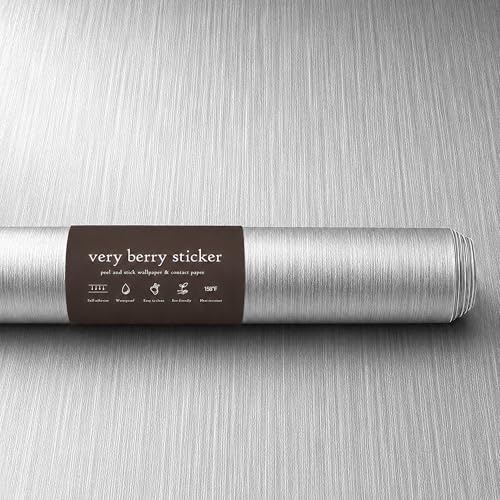 Mycket bär-klistermärke borstad silver Peel and Stick-tapet (61 cm x 299 cm) metalliskt kontaktpapper för lyxig heminredning möbler och väggar, hyresvänlig, självhäftande, vattentät vinyl