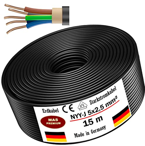 MAS-Premium Erdkabel Deutscher Marken-Elektrokabel Ring zur Verlegung im Erd- und Außenbereich Standard Starkstromkabel (NYY-J 5x2,5 mm², 15m)