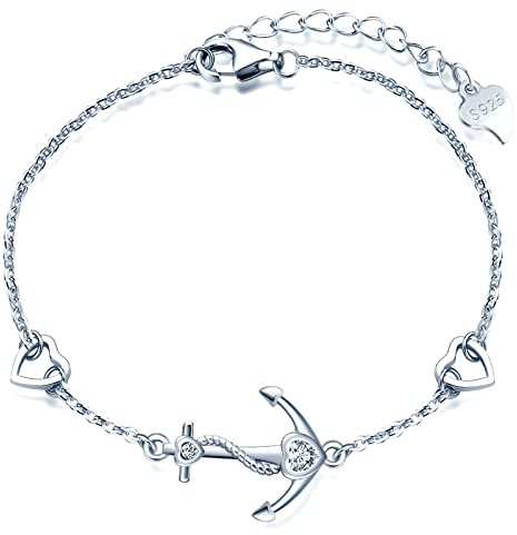 MicLee Bracelets élégants pour femmes et filles, bracelet en argent 925, bracelet ancre classique, avec cœur mini, Zircon incrusté, Symbole de courage, de protection et de force, chaîne réglable