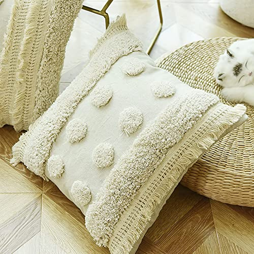 MOCOFO Kissenhülle beige, weiß, grau, gewebt, getuftet, Quaste, Quastenkissen, Sofakissen, böhmische Stickerei, nur Kissenhülle, Baumwolle, (8 rund, 45x45 cm)