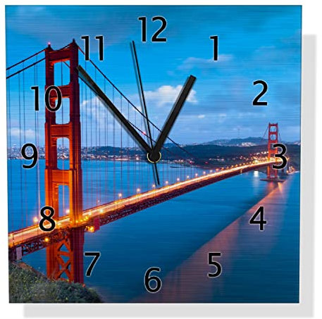 Wallario Design Wanduhr Golden Gate Bridge in San Francisco USA aus Aluverbund, Alu-Uhr Größe 30 x 30 cm, Schwarze Zeiger mit Metalloptik