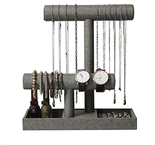 Coward 2 Tier Necklace Bracelet Holder Organizer with Ring Tray, Linen Jewelry Display Stand for Watch Scrunchie Lipstick, Perfumes,Nail polish (Gray Linen)