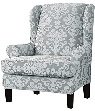 Lukery Ohrensessel Bezug 2 Teilig, Jaquard Ohrensessel Überzug Stretch Ohrensessel Überwurf mit Armlehnen Husse für Ohrensessel Sesselbezug Elastisch Sesselschoner (One Size,Hellgrau)