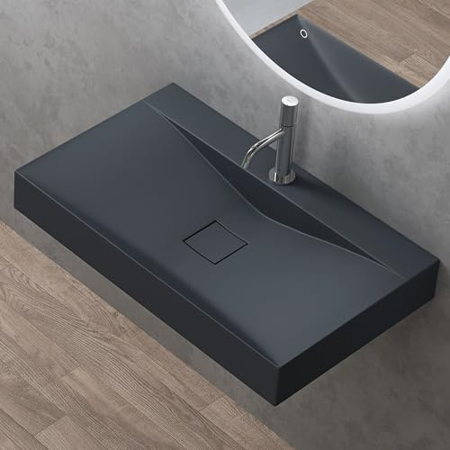 doporro Vasque à Poser Lavabo Suspendu Gris Noir Mat 80x48x12cm | Solid Surface, avec Bonde Incluse, pour Salle de Bain, Colossum810