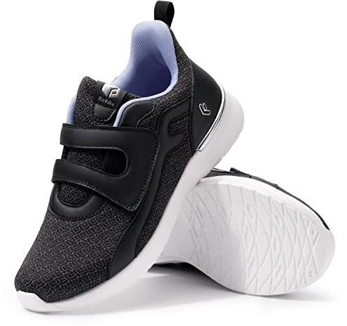 FitVille Womens Lightweight Walking Shoes Wide Fit Fashion Trainers Adjustable Comfortable Sneakers for Plantar Fasciitis Black