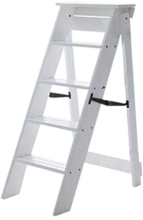 CHEMYO Weiß Klappleiter Stuhlregal für Bibliothek Küche Büro Holz Tritthocker Multifunktions beweglich 5 Stufen Leiter Sicherheit rutschfest, max. 150kg