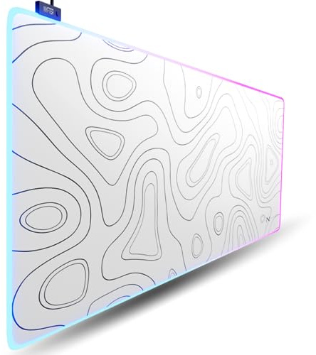 Nyfter - XXL Gaming Mauspad RGB White im Topography Design 900 x 500mm Premium Mousepad Size Groß vernähte Kanten langlebig mit high-end Glide und Anti-Rutsch Speed Gaming Mauspad