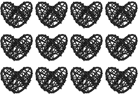sourcing map 12 Stück Herz Deko Rattan Deko, 5 cm Fensterdeko Hängend Styropor Herz Kranz Natürlich Wicker Türdeko Haustür für Valentinstag Dekoration Hochzeit, Schwarz