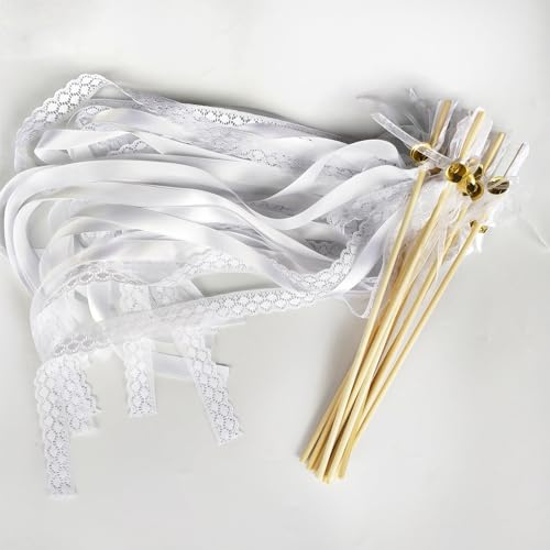 Zhongtou 30 Stück Weiß Wedding Wands mit Glocken Zauberstäbe Bänder Hochzeit Luftschlangen Hochzeitsdeko Spalier Hochzeit Stäbe Seidenfeenstab für Hochzeit Geburtstag Party Weihnachten