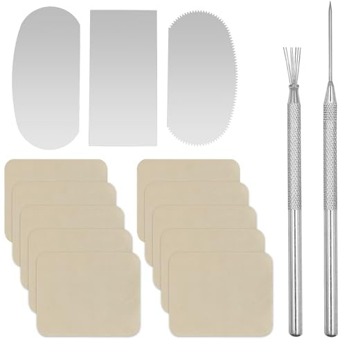 Lot de 10 chiffons de chamois prédécoupés + 3 grattoirs de poterie + 1 aiguille en céramique + 1 fil de plumes pour la texture des outils de bricolage, outils de poterie en argile pour couper la boue