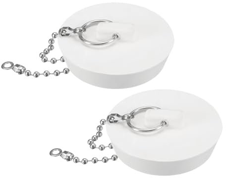 sourcing map 2 Pcs Tub Stoppers, Rubber Bathtub Stoppers 2.12 to 2.17 Kitchen Sink Drain Stopper, Bathroom Drain Plug with Pull Ring and 15 Beaded Chain, White