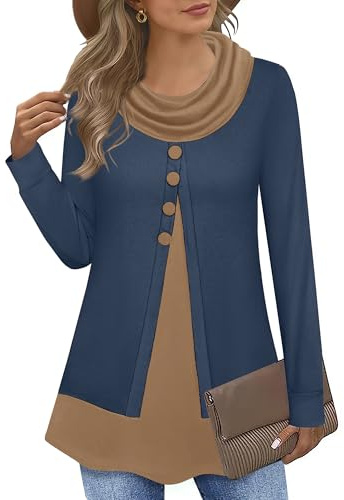 Datuhao Tunica da donna a maniche lunghe elegante 2 in 1 maglione lungo felpa collo a scialle patchwork maglione, Blu scuro, XL