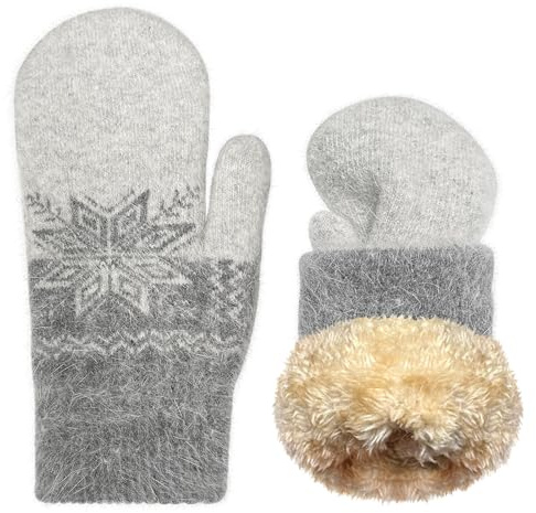 Bseical Fäustlinge Damen, Thermo Fleece Handschuhe Damen Winter, Fausthandschuhe Damen, Weihnachten Schnee Blume Druck Thermohandschuhe Skihandschuhe Damen Fäustlinge Herren für Outdoor Fahrrad Ski