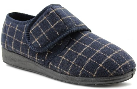 IMTY Mens Extra Wide Fitting EEE Slippers Memory Foam Touch Fasten Easy Wear Diabetic Orthopaedic Check Bedroom House Shoes (Navy, UK Footwear Size System, Adult, Men, Numeric, Medium, 10)
