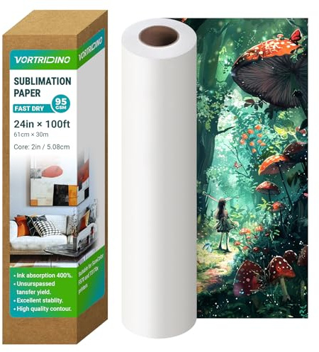 VORTRIDINO Carta per sublimazione 61 cm x 30,5 m rotolo di carta per sublimazione a sublimazione da 5,1 cm, carta a trasferimento termico ad asciugatura rapida, 95 g/m² per E* pson F570 per magliette,