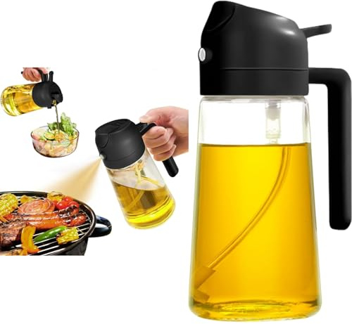 Boxonly Bottiglia dispenser per olio d'oliva, colore nero, 2 in 1, spruzzatore e bottiglia versata, 18 x 8 cm, design a prova di perdite, 470 ml, per cucina, barbecue e insalata