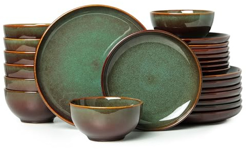 Pokini 24 Piece Dinnerware Sets for 8, Modern Stoneware Plates and Bowls Setst, Perfect for Family Gatherings & Holiday Celebrations, Easy Cleaning Dishes Set, Stack Compactly Dishware, Brown Green