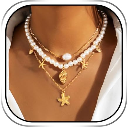 Handcess Collares de perlas bohemias en capas con colgante de estrella de mar dorada, collar de concha para mujer, talla única, Estrella de mar, concha, perla, No es una piedra preciosa