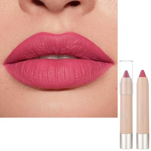 Bright Pink Lipstick Lip Liner, Rose Pink Matte Lip Stick 2 in 1 Set, Light Red Waterproof Lipliner, High Pigmented Lipsticks Lip Line Pencil Set, Hot Color Non-fading Gift for Women
