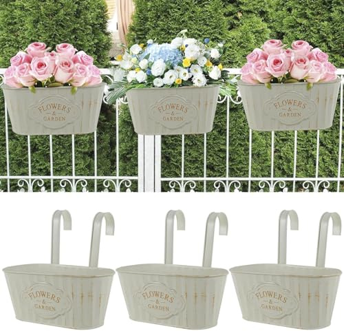 3 vasi da fiori da appendere in metallo, ovali, con drenaggio, facili da installare, antiruggine, per balcone, vasi da fiori decorativi in ferro, per ringhiera, balcone, recinzione, patio