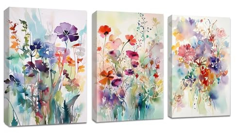 Herfair Bilder Wohnzimmer Deko Poster 3er Set Bunt Blumen Wandbilder mit Rahmen Stilvolle Aesthetic Deko Kunstdruck Leinwandbilder Wanddeko Geschenke (30×40 cm)
