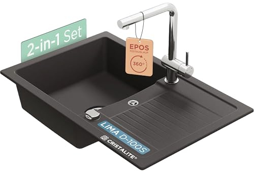 SCHOCK Ensemble d'évier Lima D-100S Nero 78 x 50 cm et robinet de cuisine Epos à bec fixe en acier inoxydable – Facile d'entretien, surface composite de quartz robuste