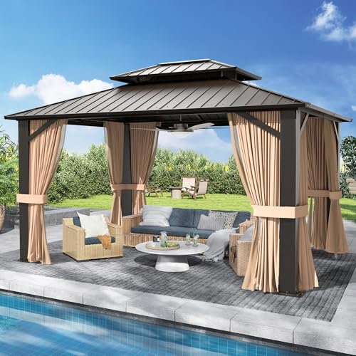 SOLUMIA Cenador de techo rígido de 10 x 12 pies, toldo de doble techo de acero galvanizado con marco de aluminio, pabellón al aire libre con redes y cortinas