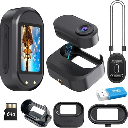 OBEST Action Camera 1080P, 64G Mini Body Camera Bike Motorcycle Helmet, HD Portable Not Waterproof 360° Camera 120° Wide Angle, Card Reader, Magnetic Charging, for Sports, Work, Travel