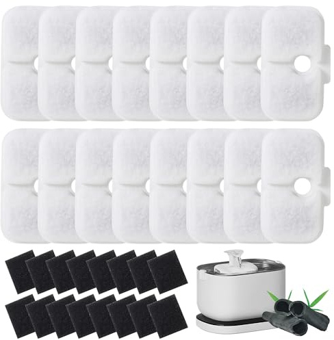BUCOMTU 16 Katzenbrunnen Filter und 16 Schaumstoff Schwämme, geeignet für Dockstream Katzen Trinkbrunnen, Ersatzfilter kompatibel mit PLWF005, PLWF115, PLWF105