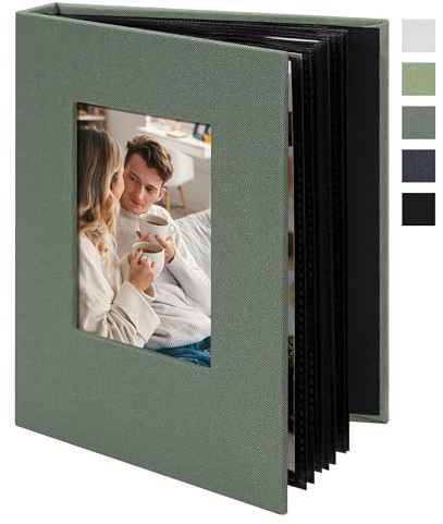 Remowith Album Fotografico 10x15 Piccolo con 24 Tasche, Copertina in Lino con Finestra Anteriore, Mini Album Portatile per Viaggi, Matrimonio e Ricordi,Grigio Verde