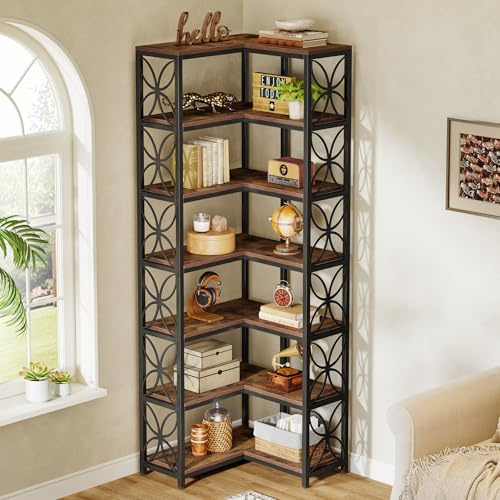 Tribesigns Libreria Angolare da 200 cm, Scaffale Angolare a Forma di L in Legno con 7 Ripiani, Stile Industriale, Angoliera Soggiorno per Soggiorno, Cucina, Ufficio, Marrone Rustico e Nero