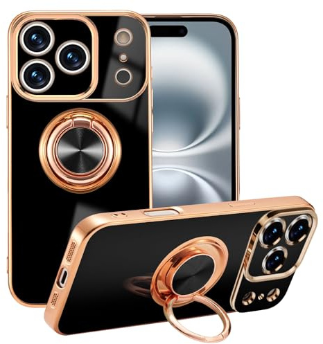 EYZUTAK Electroplated Magnetic Ring Holder Case for iPhone 17 Pro Max, 360 Degree Rotation Metal Anti-fall Finger Ring Kickstand Magnet Car Holder Slim Soft Silicone Shockproof Cover - Black