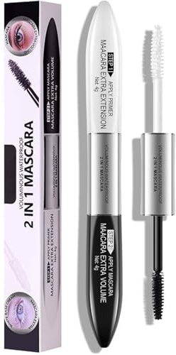 Double Extension Effect Mascara & Primer Set – Black Mascara with White Primer for Extreme Length & Volume. Long-Lasting, Waterproof, Smudge-Proof Formula for Bold, Defined Lashes