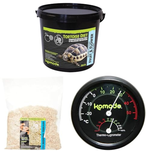 Komodo Tortoise Diet Fruit & Flower 2kg + Aspen Bed Terrain 12L + Analog Thermometer & Hygrometer | Balanced Food, Natural Substrate & Climate Monitoring