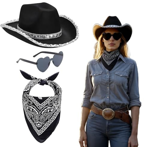 Fynleka 3-teiliges Cowboyhut Accessories Set – Western Cowboy Outfits Zubehör Kit mit Cowboyhut, herzförmiger Sonnenbrille Bandana für Damen & Herren, Cowgirl Hut für Fasching, Karneval & Partys