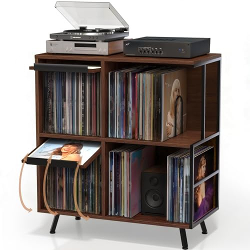 Faesun 3 Tier Flip Top Record Player Stand, Vinyl Record Storage Holds up to 300+ Albums, Large Record Player Cabinet, Vintage Turntable Stand with Vinyl Display, for Living Room Bedroom, Walnut