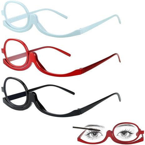 3PCS Makeup Glasses with Flip Up Lens, Makeup Reading Glasses for Women Girls Rotating Make Up Magnifying Eyewear for Precision Application Folding Single Lens Eyeglasses for Left & Right Eye(+2.50)
