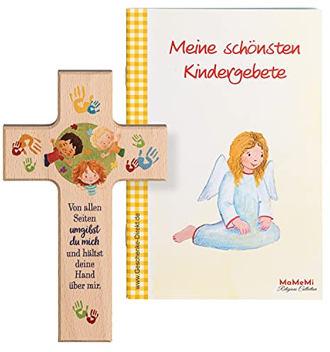 MaMeMi KINDER-HOLZKREUZ „GOTT BESCHÜTZE MICH“ – ca. 15 x 9 cm – Echtholz mit Segensspruch – TAUFKREUZ ZUR GEBURT ODER TAUFE – Wandkreuz für Kinderzimmer – KINDERKREUZ Inkl. Gebetsbüchlein