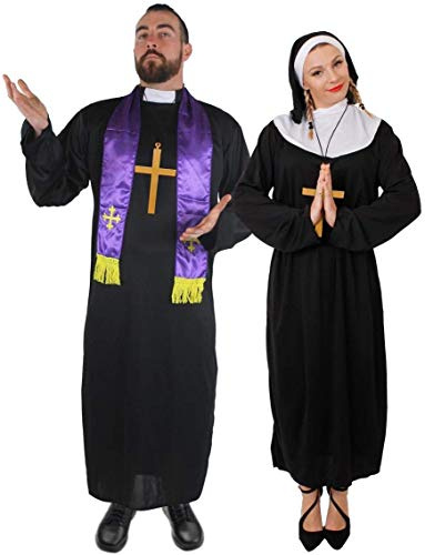 COUPLES COSTUMES PRIEST & NUN FANCY DRESS - MENS BLACK PRIEST ROBE & PURPLE SCARF + LADIES NUNS BLACK TUNIC WITH WHITE COLLAR & BLACK COWL + BELT + GOLD CROSS BY ILOVEFANCYDRESS® IN SMALL - XXL