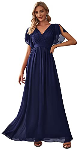 Ever-Pretty A-línea Vestido de Noche Cuello en V Manga Corta Gasa Corte Imperio para Mujer Azul Marino 42
