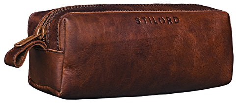 STILORD 'Linus' Etui Leder Vintage Herren Damen Stifteetui Lederetui Federmappe quadratisch Stiftetasche Büffelleder, Farbe:Cognac - Dunkelbraun