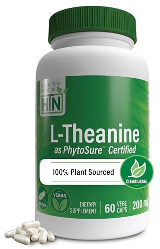 L-Theanine 200mg Vegan as PhytoSure Certified | Supports Healthy Relaxation & Focus | 3rd Party Tested | Clean Label, Non-GMO, Gluten & Soy Free, Hypoallergenic | by Health Thru Nutrition (Pack of 60)