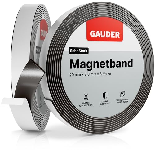 GAUDER Cinta Magnética Autoadhesiva - Banda Magnética Flexible Recortable para Manualidades, Organización y Decoración (3 m x 20 mm) - Imán en Tira