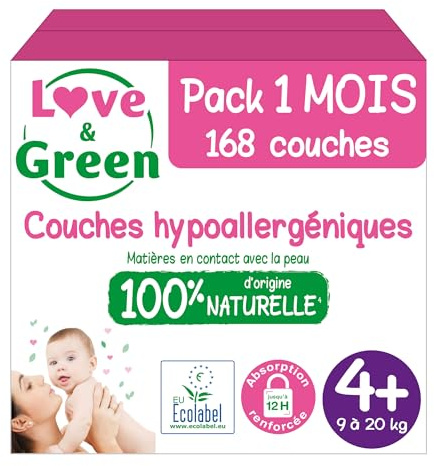 Love & Green - Couches Bébé Saines et Ecologiques - Taille 4+ (9-20 kg) - Pack 1 Mois (168 Couches) - Absorbante, anti-fuites et sans ingrédients indésirables