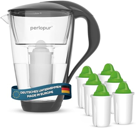 PearlCo - Filtro per acqua in vetro (antracite) con 6 cartucce filtrante Alkaline classic - adatto per Brita Classic
