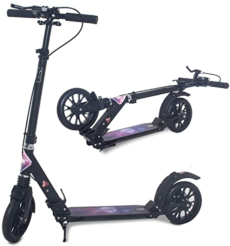 ISE Big Wheel Scooter Tretroller 200mm Roller Cityroller Klappbarer Scooter mit 2 Räder,Handbremse für Erwachsene und Kinder,2 Farbeauswahl,hoch Qualität (Sternenhimmel-Style)