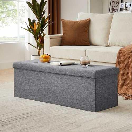 Zedelmaier Sitzbank mit Stauraum, faltbar, 114 x 38 x 38 cm, Grau | Leinen, gepolstert, 120 L, bis 150 kg; als Sitzhocker mit Stauraum, Truhenbank und Fußbank für Flur, Schlaf- und Wohnzimmer