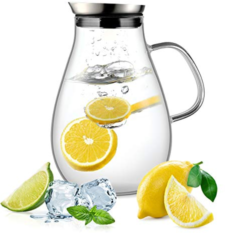Jarra de agua de cristal con tapa, 2 l de borosilicato de vidrio jarra de agua para jugo caliente/frío, bebidas, té, leche, café, vino