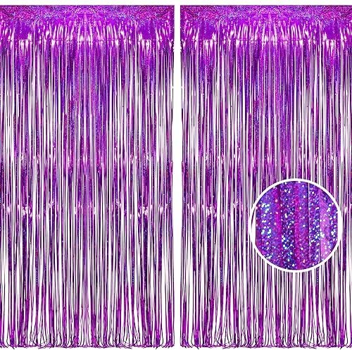 BRAVESHINE Purple Metallic Tinsel Curtains, Foil Fringe Shimmer Curtain Streamer Party for Mother's Day Purple Bridal Shower Decorations Wedding Lilac Mermaid Theme Birthday Party (2Pack, 1x2.5m)